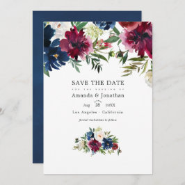 Bordo en Navy Waterverf Bloemen Huwelijksfoto Save The Date