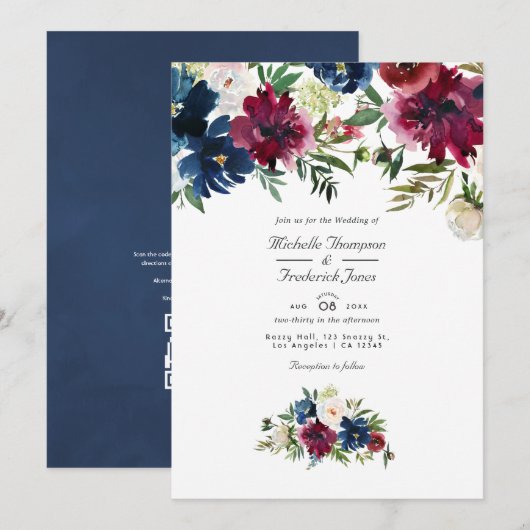 Bordo en Waterverf van de marine Floral QR Code We Kaart (Voorkant / Achterkant)