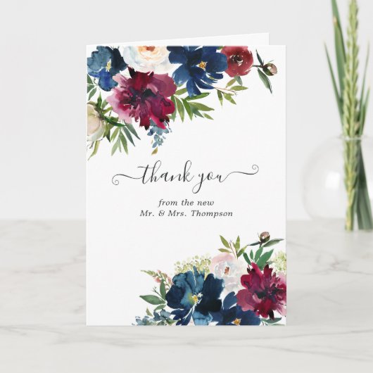 Bordo en Waterverf van de marine Floral Wedding Fo Bedankkaart (Voorkant)