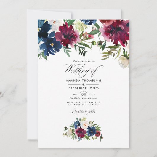 Bordo en Waterverf van de marine Floral Wedding Fo Kaart (Voorkant)