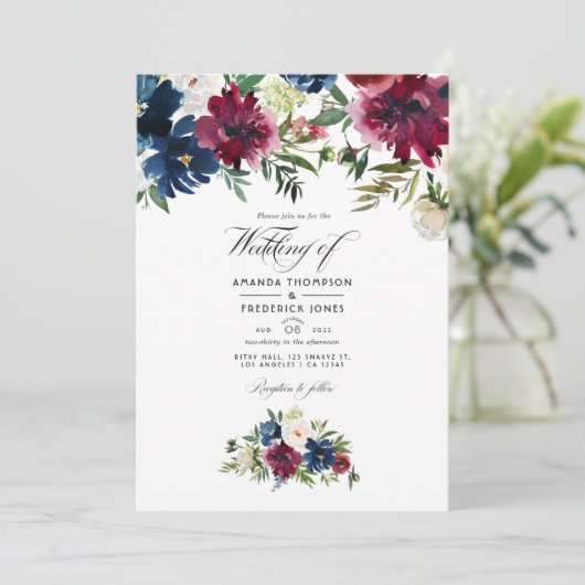 Bordo en Waterverf van de marine Floral Wedding Fo Kaart (Staand voorkant)