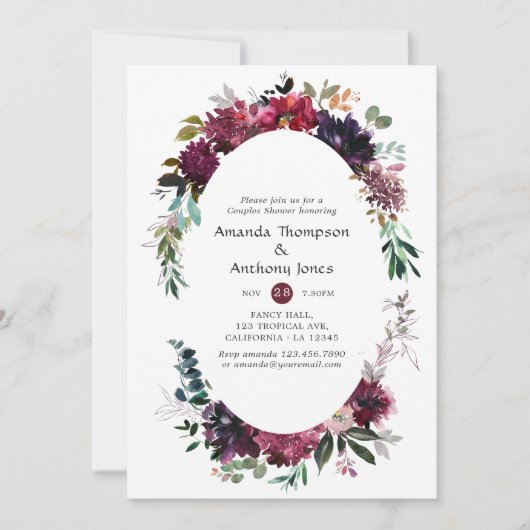 Bordo Paarse Pruimen Bloemstuk Bruidspaar Borrel Kaart (Voorkant)