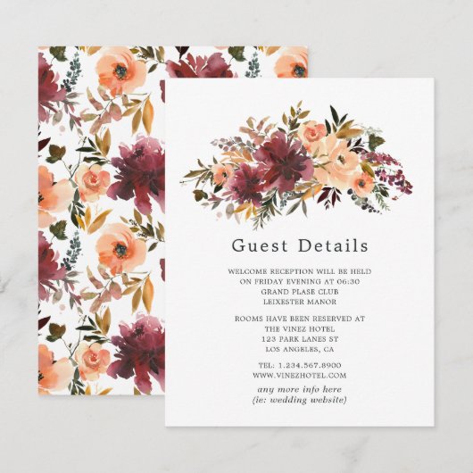 Bordo Peach Floral Wedding Guest Details Informatiekaartje (Voorkant / Achterkant)