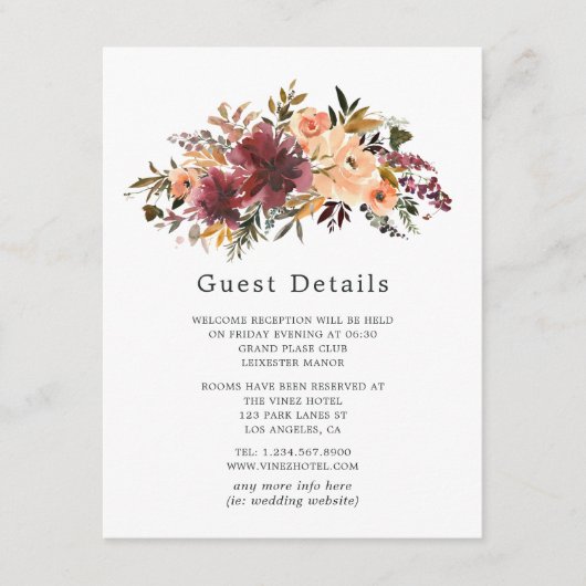 Bordo Peach Floral Wedding Guest Details Informatiekaartje (Voorkant)