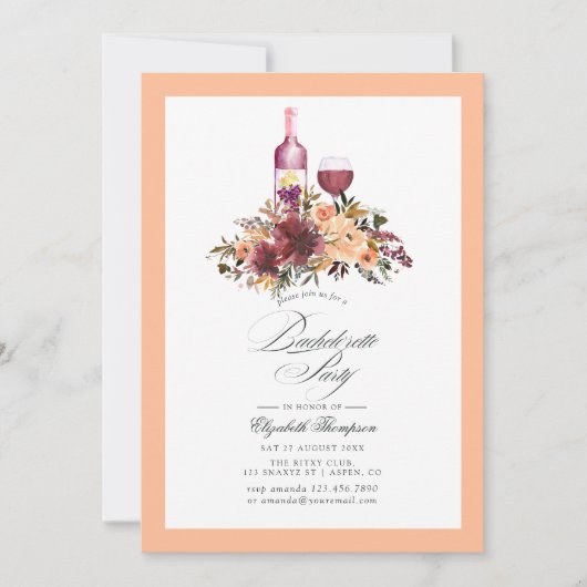 Bordo Peach Fuzz Wijnthema Bachelorette Party Kaart (Voorkant)
