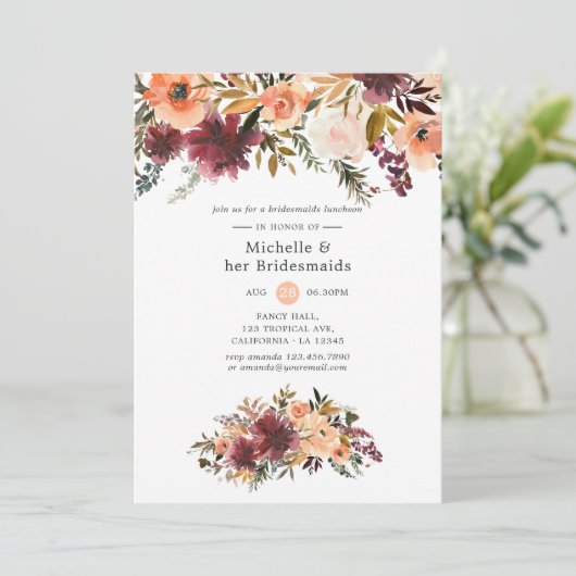 Bordo Peach Waterverf Bridesmaids Luncheon Kaart (Staand voorkant)