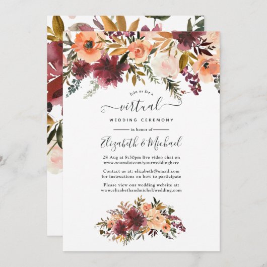 Bordo Peach Waterverf Floral Virtual Wedding Kaart (Voorkant / Achterkant)