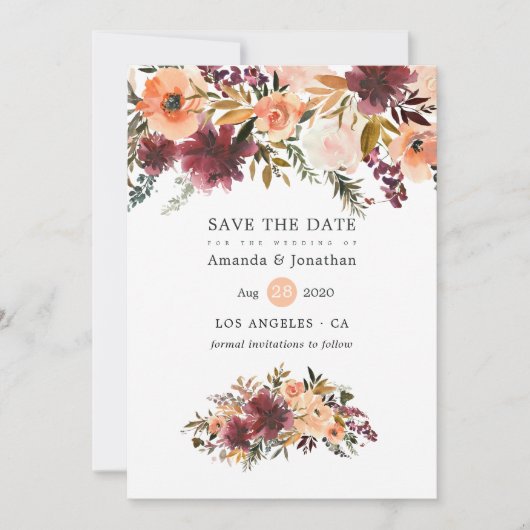 Bordo Peach Waterverf Floral Wedding Save The Date (Voorkant)