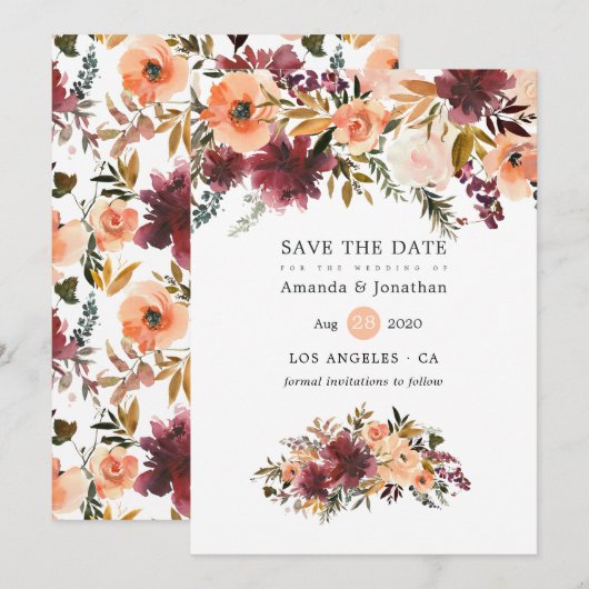 Bordo Peach Waterverf Floral Wedding Save The Date (Voorkant / Achterkant)
