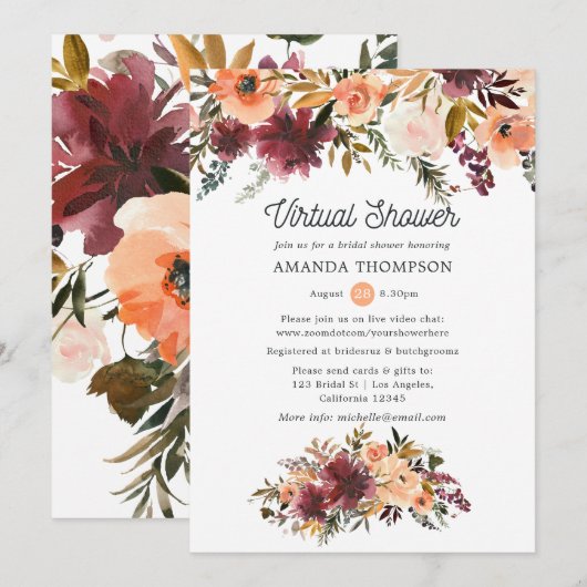 Bordo Peach Waterverf Virtual Vrijgezellenfeest Kaart (Voorkant / Achterkant)