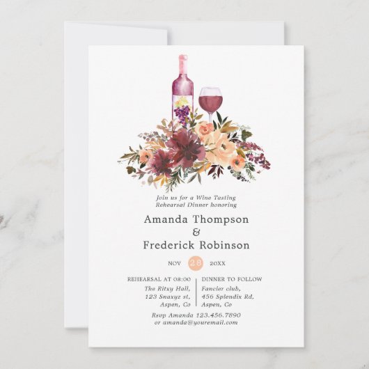 Bordo Peach Waterverf Wine Rehearsal Dinner Kaart (Voorkant)