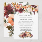 Bordo Perzik Bloemige Gereduceerde Trouwgastenlijs Aankondiging (Voorkant / Achterkant)