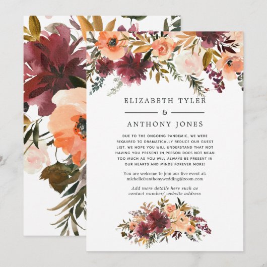 Bordo Perzik Bloemige Ingekorte Trouwgastenlijst Aankondiging (Voorkant / Achterkant)