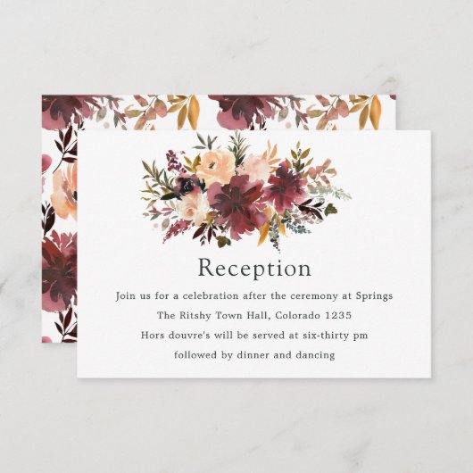 Bordo Perzik Waterverf Bloemen Bruiloft Informatiekaartje (Voorkant / Achterkant)