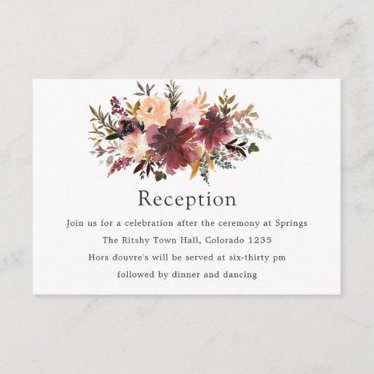 Bordo Perzik Waterverf Bloemen Bruiloft Informatiekaartje (Voorkant)