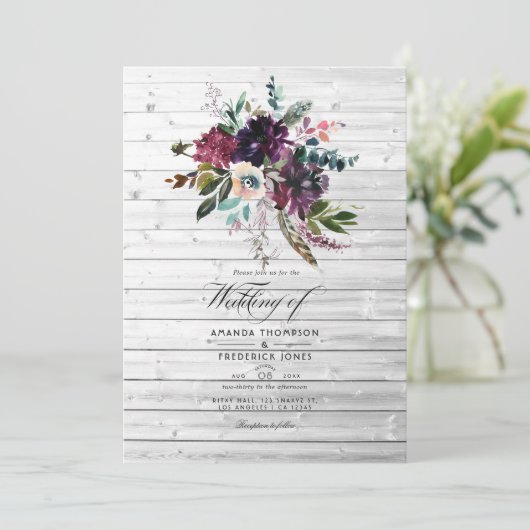 Bordo Violet Plum Floral Rustic Bohemian Wedding Kaart (Staand voorkant)