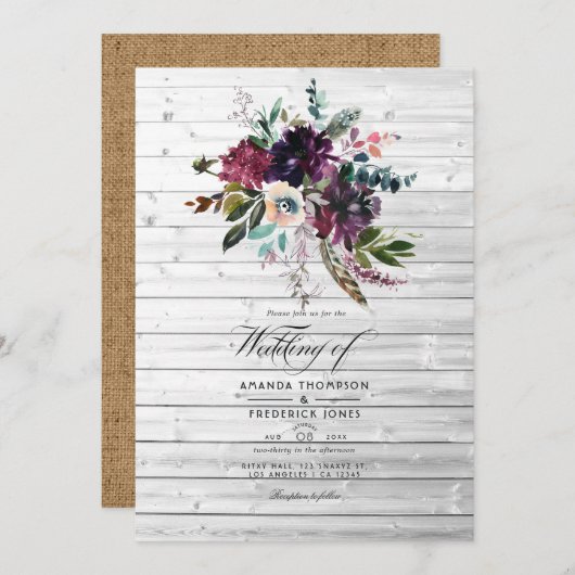 Bordo Violet Plum Floral Rustic Bohemian Wedding Kaart (Voorkant / Achterkant)
