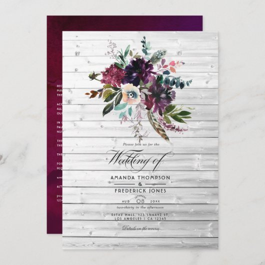 Bordo Violet Plum Floral Rustic Bohemian Wedding Kaart (Voorkant / Achterkant)