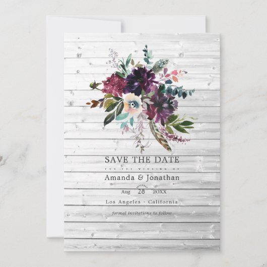 Bordo Violet Plum Floral Rustic Bohemian Wedding Save The Date (Voorkant)