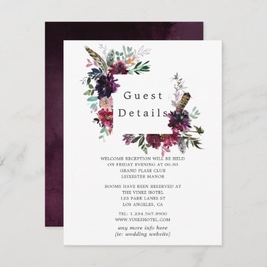 Bordo Violet Plum Waterverf Floral Guest Details Informatiekaartje (Voorkant / Achterkant)