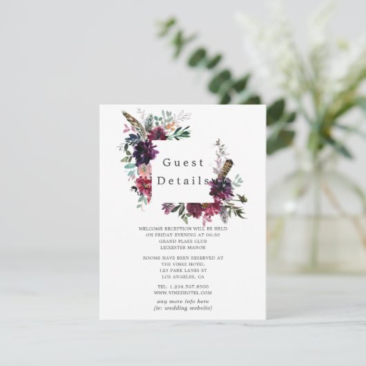 Bordo Violet Plum Waterverf Floral Guest Details Informatiekaartje (Staand voorkant)