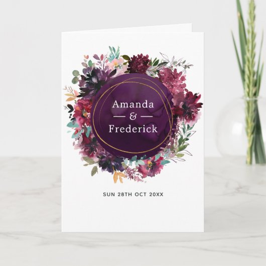 Bordo Violet Plum Waterverf Floral Wedding Programma (Voorkant)