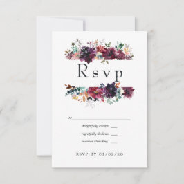 Bordo Violet Plum Waterverf Floral Wedding RSVP Kaartje