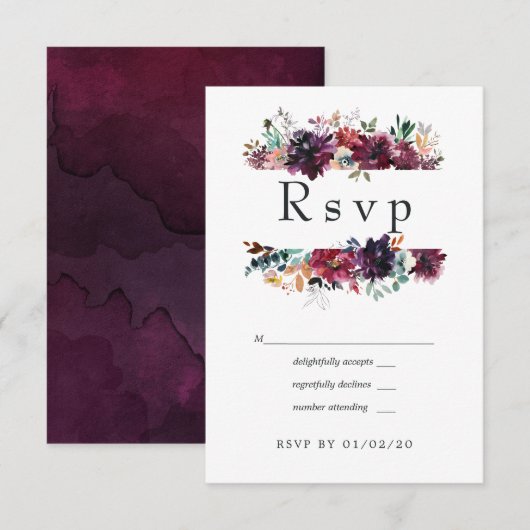 Bordo Violet Plum Waterverf Floral Wedding RSVP Kaartje (Voorkant / Achterkant)
