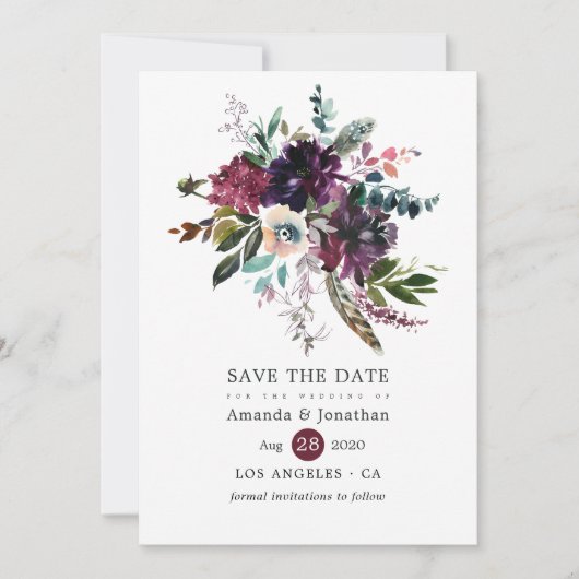 Bordo Violet Plum Waterverf Floral Wedding Save The Date (Voorkant)