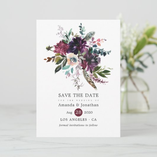 Bordo Violet Plum Waterverf Floral Wedding Save The Date (Staand voorkant)