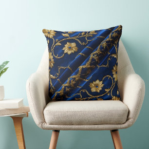 Borduurlook Blauw Gouden Bloemen Kussen