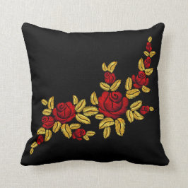 Borduurrode rozen Golden Leaves Black Kussen