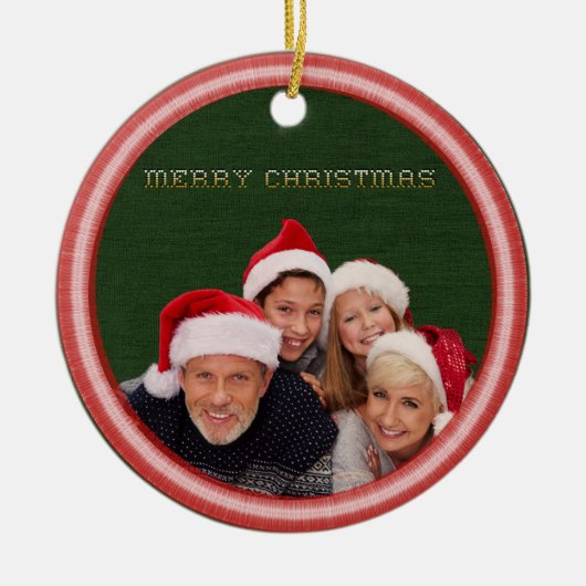 Borduursteken en stof Foto Kerstmis Keramisch Ornament (Voorkant)