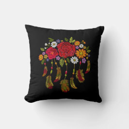 Borduurt Boho Feather Red Yellow Floral Black Kussen