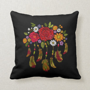 Borduurt Boho Feather Red Yellow Floral Black Kussen