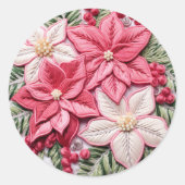 Borduurwerk Effect Roze Kerstmis Poinsettias Ronde Sticker (Voorkant)