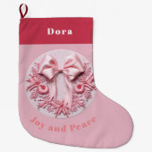 Borduurwerk Effect Roze Kerstmis strik aangepaste Grote Kerstsok (Voorkant)