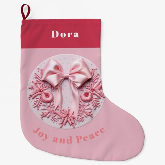 Borduurwerk Effect Roze Kerstmis strik aangepaste Grote Kerstsok (Voorkant)