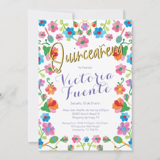 Borduurwerk Floral Quinceañera Mexicaans Spaans Kaart (Voorkant)