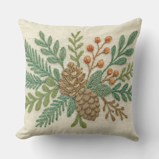 Borduurwerk Kerst Bloemen Sprint Pinecone Kussen (Voorkant)