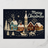 Borduurwerk Kerst Sneeuw Dorpsscène Blauw Folie Feestdagenkaart (Achterkant)