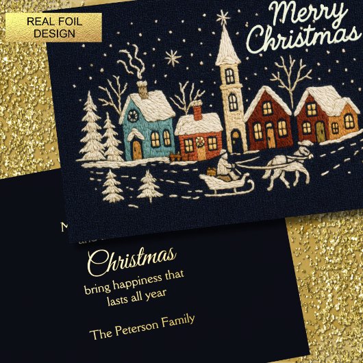 Borduurwerk Kerst Sneeuw Dorpsscène Blauw Folie Feestdagenkaart