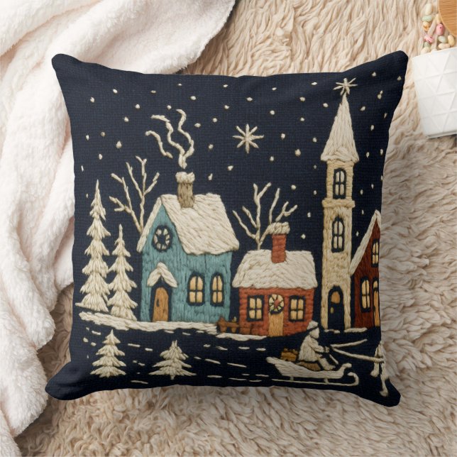 Borduurwerk Kerstmis Snowy Village Scene Blauw Kussen (Deken)