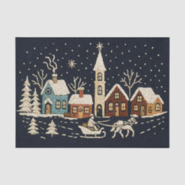 Borduurwerk Kerstmis Snowy Village Scene Blauw Tissuepapier