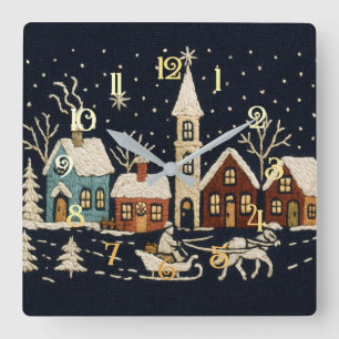 Borduurwerk Kerstmis Snowy Village Scene Blauw Vierkante Klok