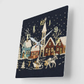 Borduurwerk Kerstmis Snowy Village Scene Blauw Vierkante Klok (Hoek)