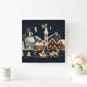Borduurwerk Kerstmis Snowy Village Scene Blauw Vierkante Klok (Huis)