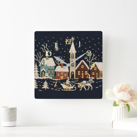 Borduurwerk Kerstmis Snowy Village Scene Blauw Vierkante Klok (Huis)