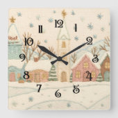 Borduurwerk Kerstmis Snowy Village Scene Vierkante Klok (Voorkant)