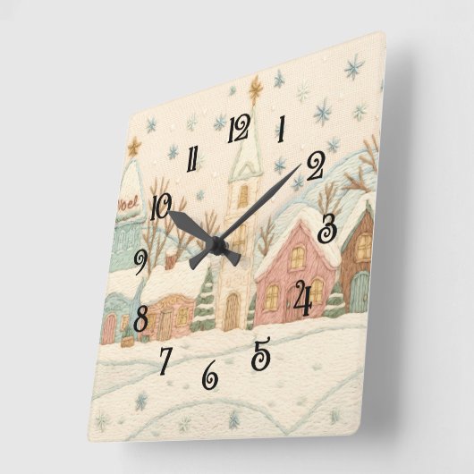 Borduurwerk Kerstmis Snowy Village Scene Vierkante Klok (Hoek)